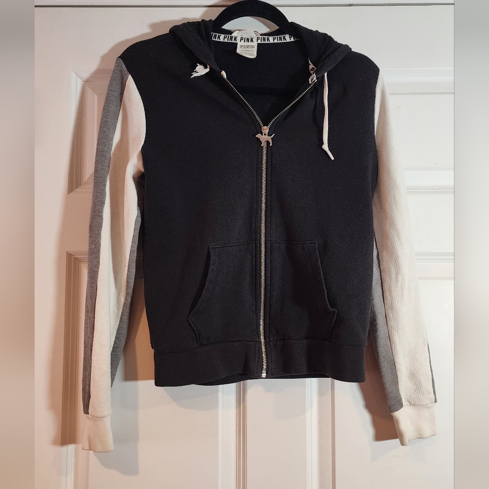 PINK Victoria's Secret Women's Black and Gray Hoodie Has Flaws As Pictured XS